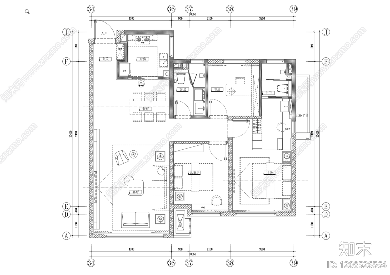 小户型平层cad施工图下载【ID:1208526564】