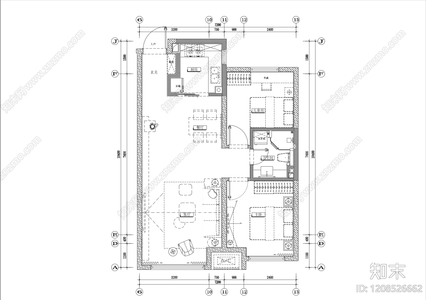 小户型平层cad施工图下载【ID:1208526662】