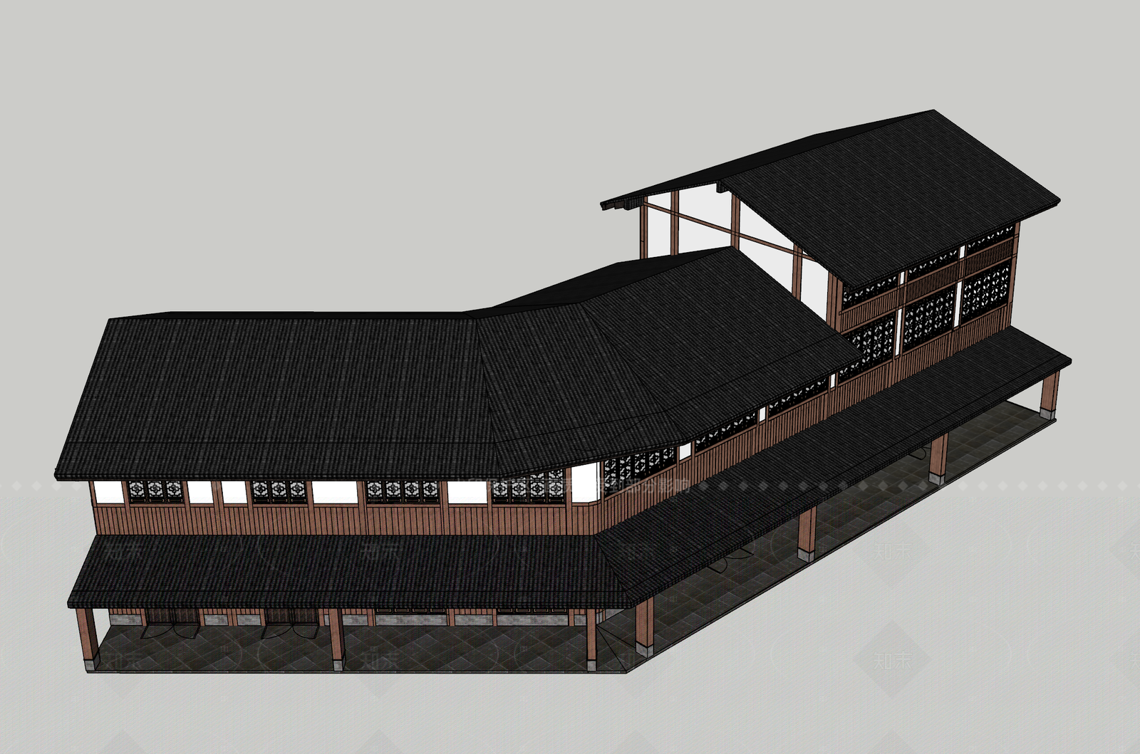 现代新中式古建筑SU模型下载【ID:1208543411】