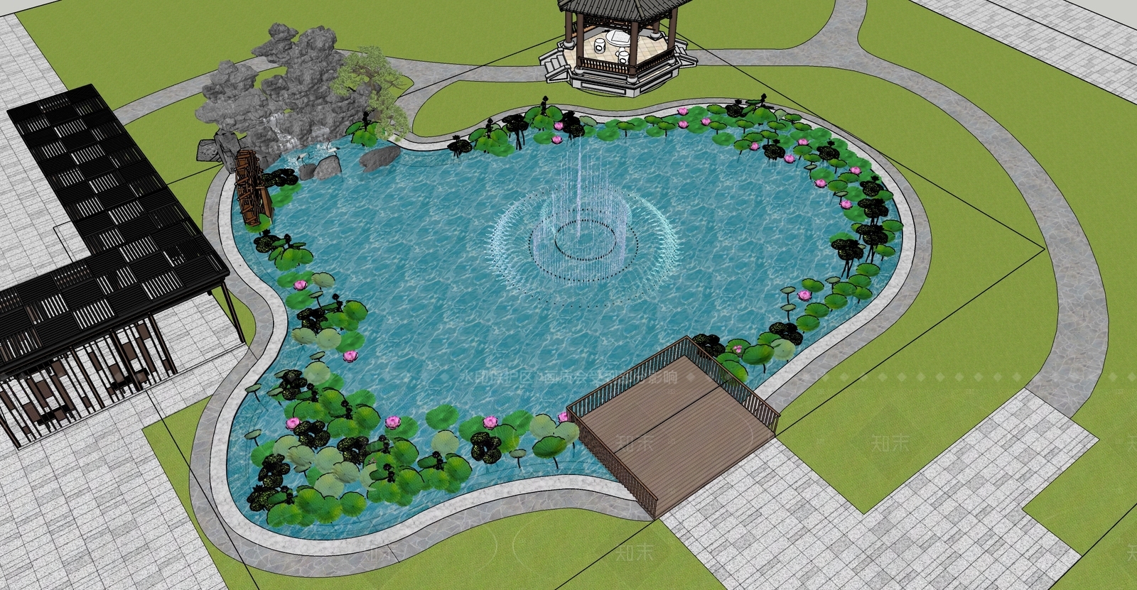 新中式中式景观公园SU模型下载【ID:1208551848】