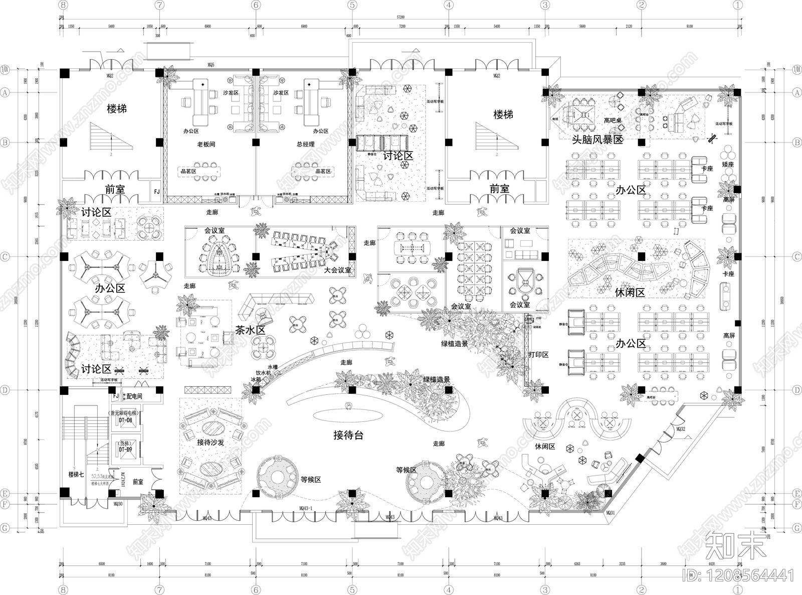 现代开放办公室cad施工图下载【ID:1208564441】