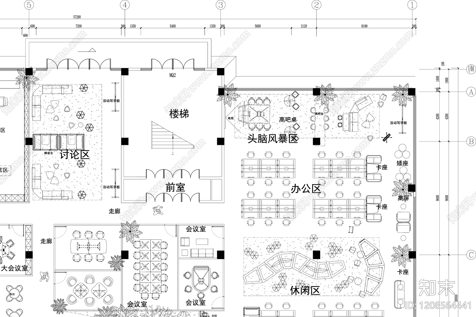 现代开放办公室cad施工图下载【ID:1208564441】