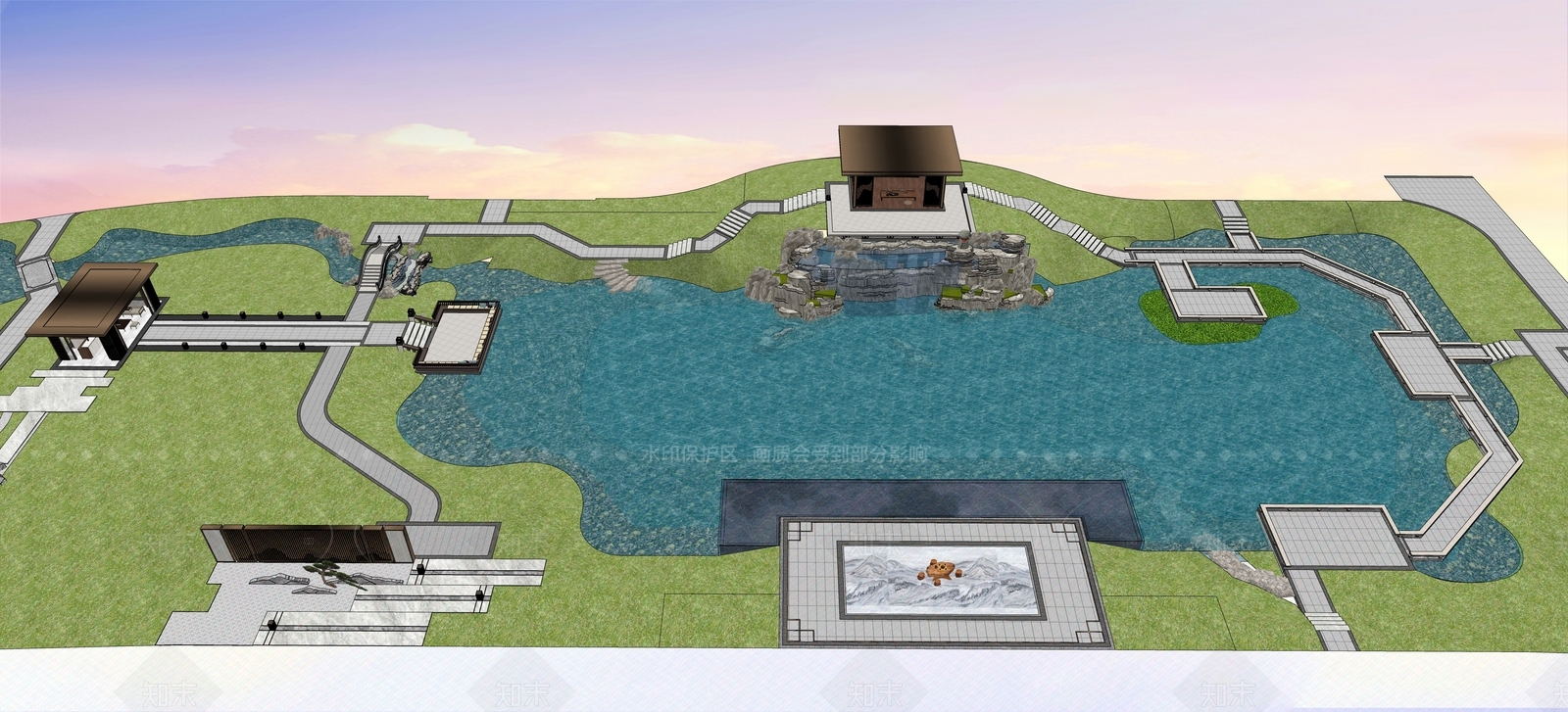 现代新中式别墅庭院SU模型下载【ID:1208565834】