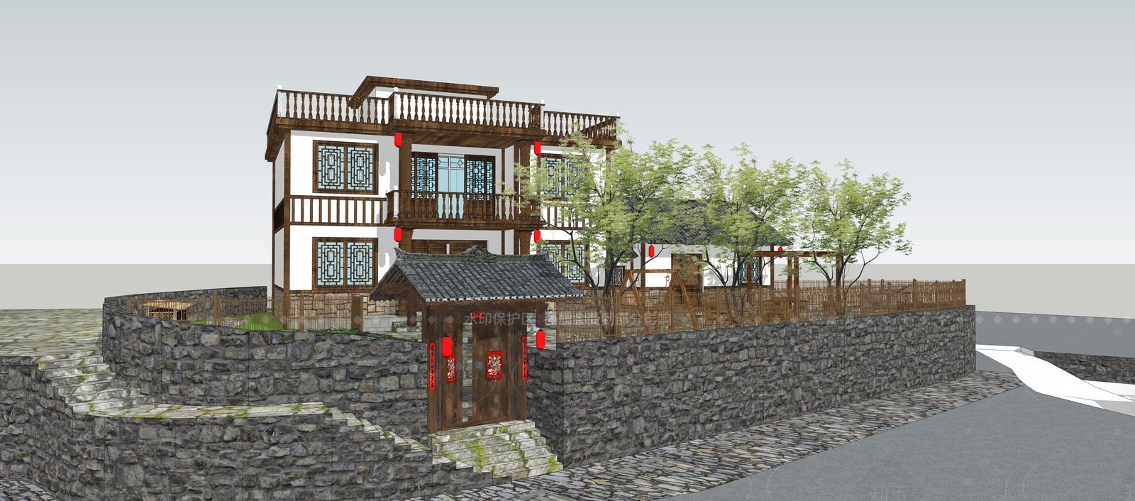 新中式中式风格建筑SU模型下载【ID:1208571185】