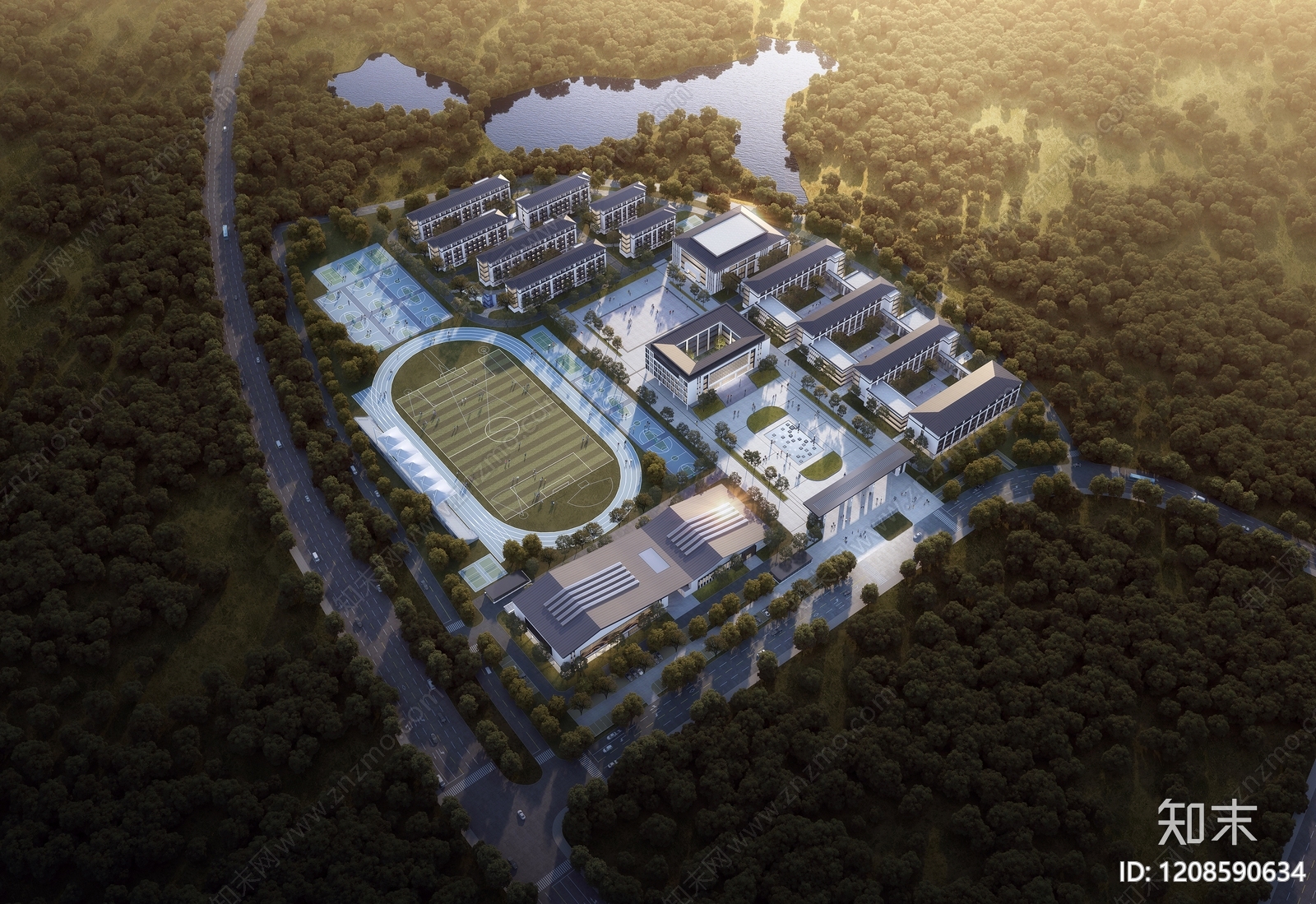 新中式学校外观3D模型下载【ID:1208590634】