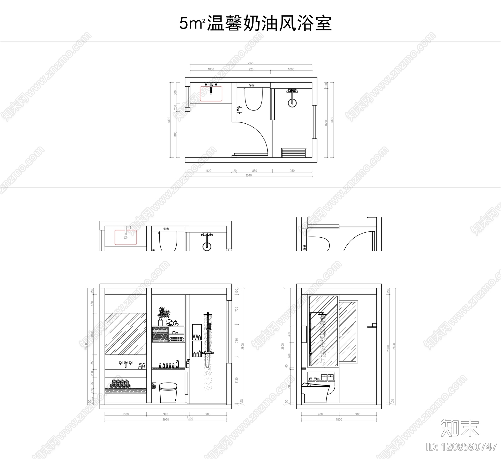 奶油简约卫生间cad施工图下载【ID:1208590747】