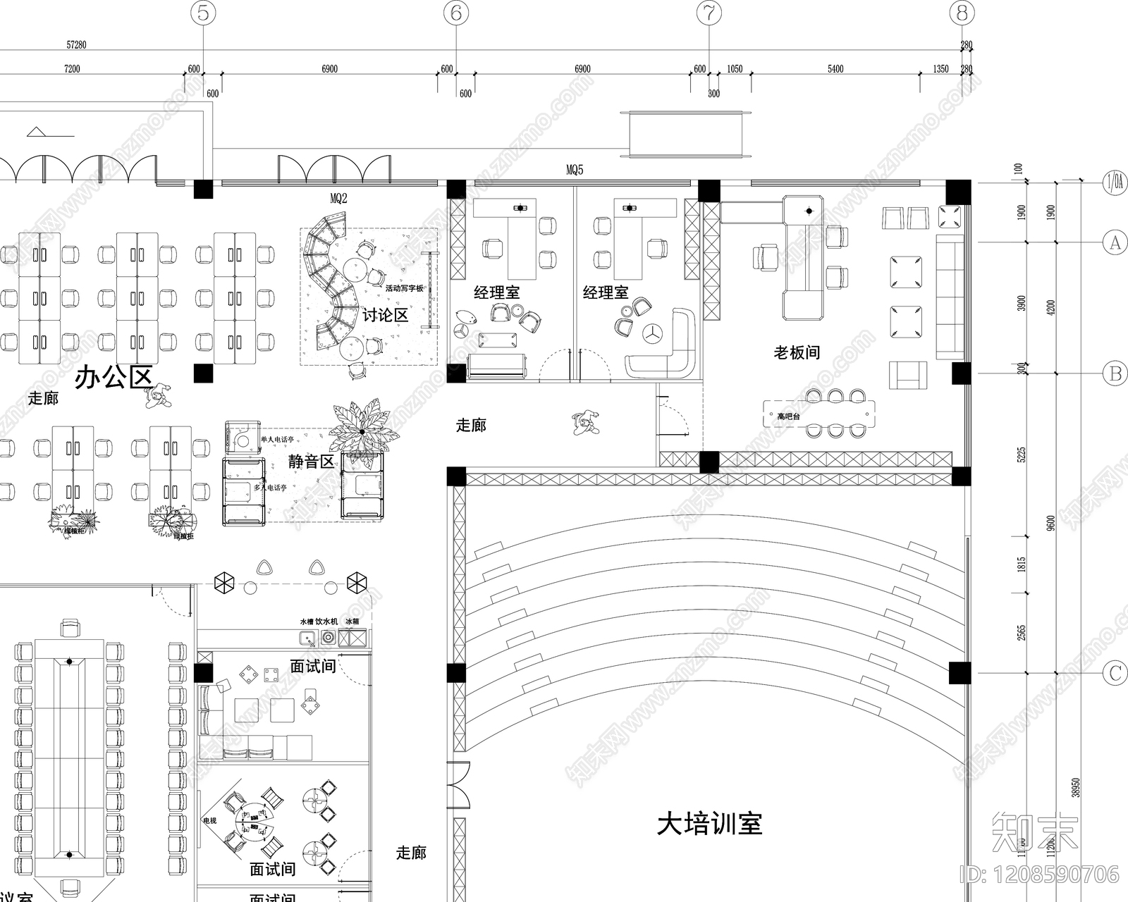 极简开放办公室cad施工图下载【ID:1208590706】