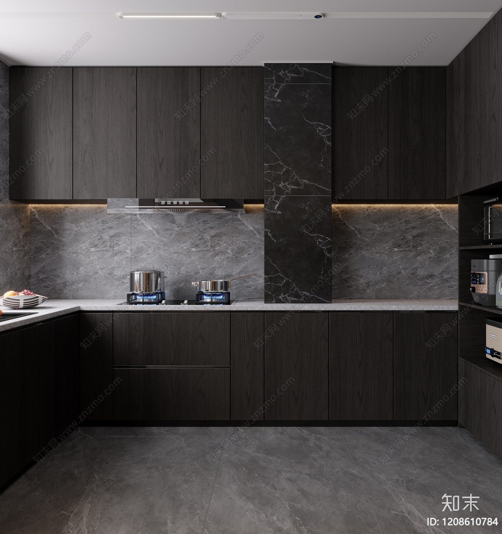 现代极简封闭式厨房3D模型下载【ID:1208610784】