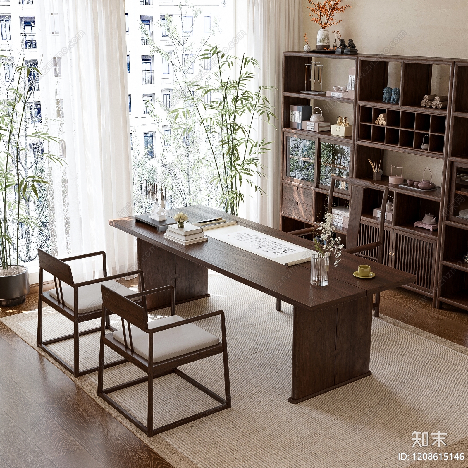 新中式书桌椅SU模型下载【ID:1208615146】