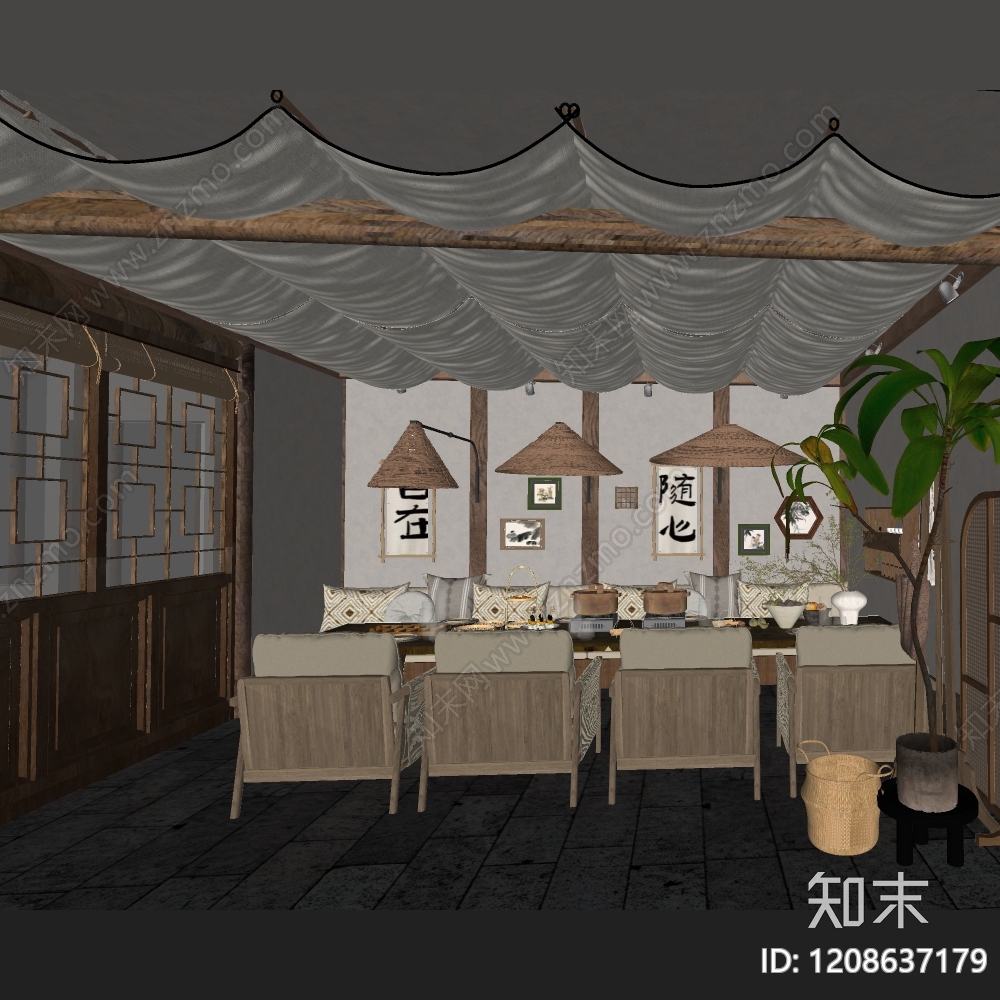 新中式侘寂火锅店SU模型下载【ID:1208637179】