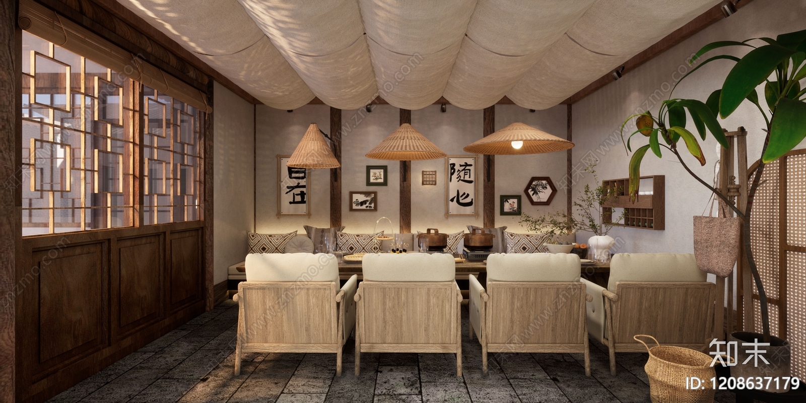 新中式侘寂火锅店SU模型下载【ID:1208637179】