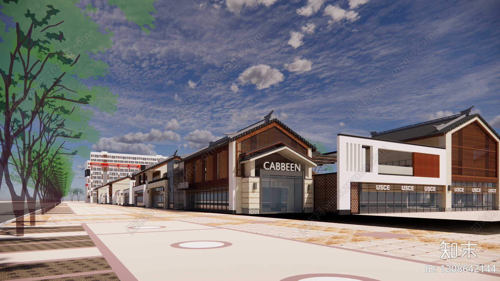 新中式复古商业街SU模型下载【ID:1208642144】