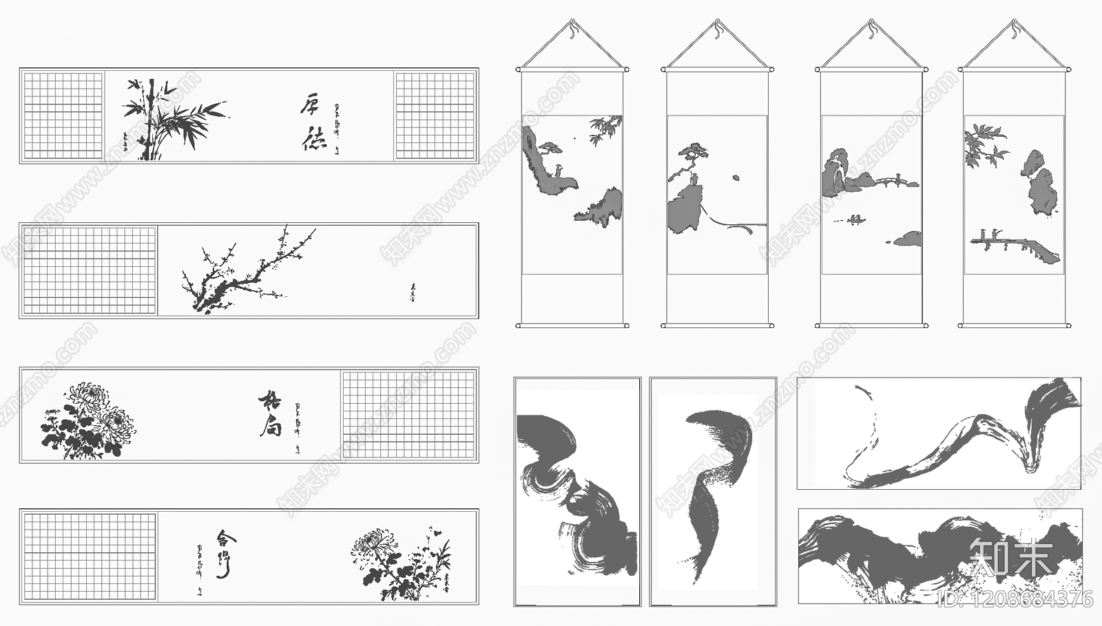 新中式挂画施工图下载【ID:1208684376】