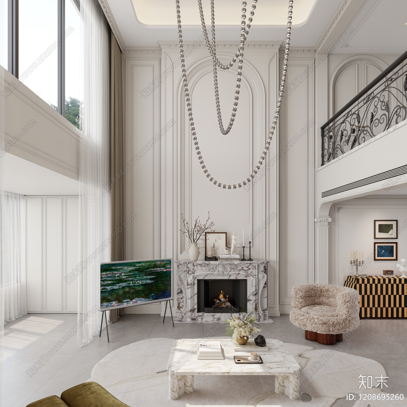 法式轻奢别墅客厅3D模型下载【ID:1208695260】