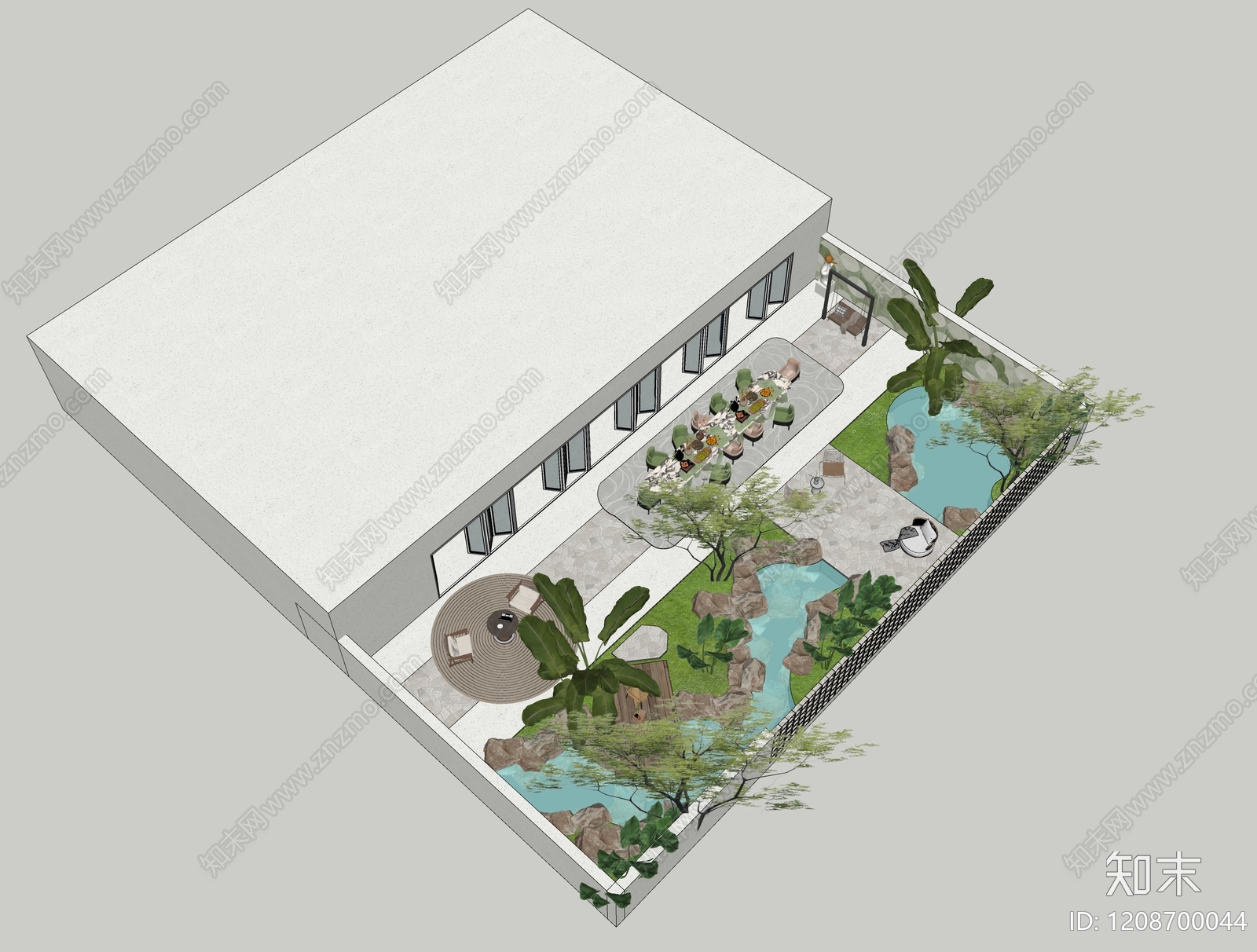 现代新中式别墅庭院SU模型下载【ID:1208700044】