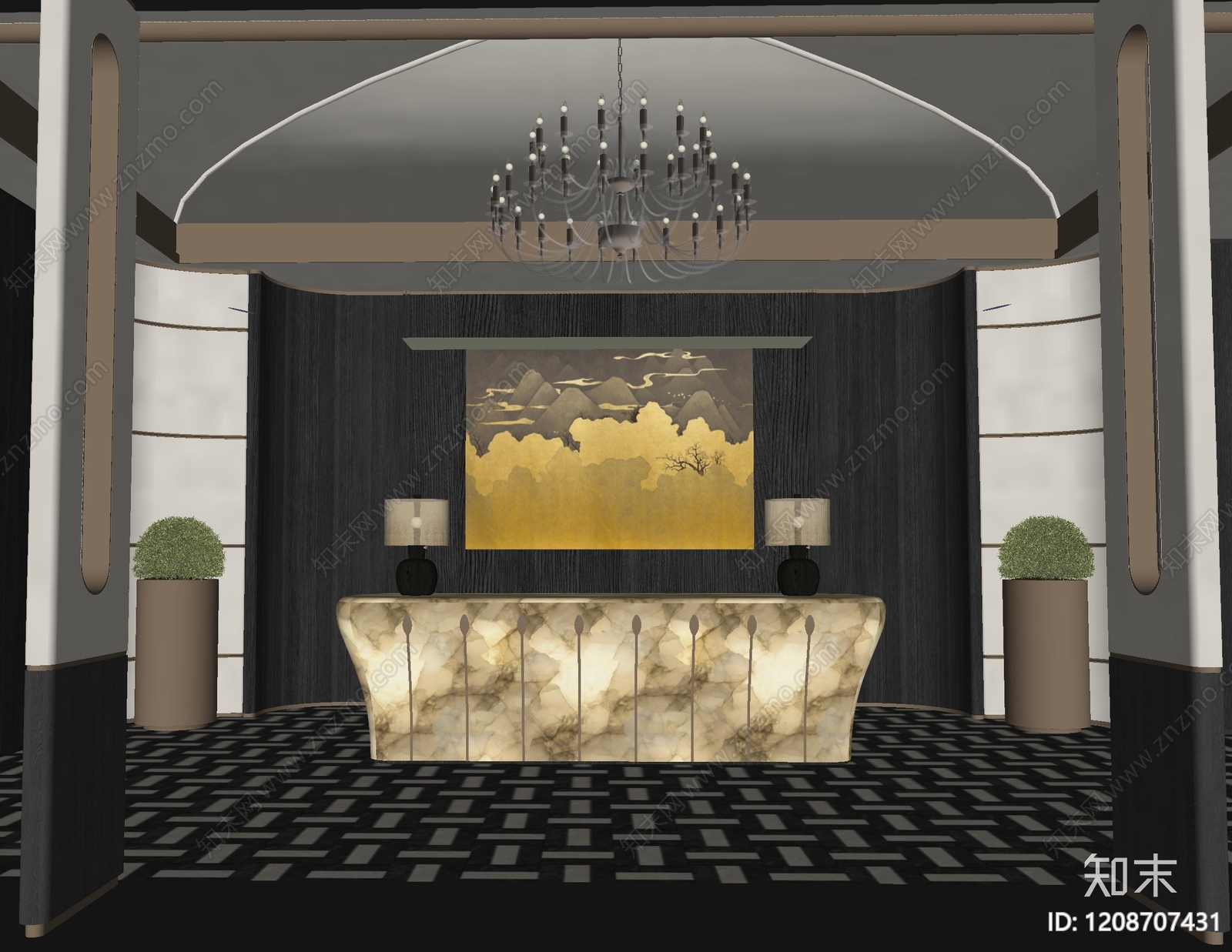 现代轻奢酒店大堂SU模型下载【ID:1208707431】