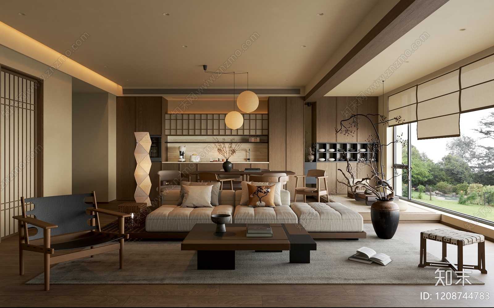 日式大平层客餐厅3D模型下载【ID:1208744783】