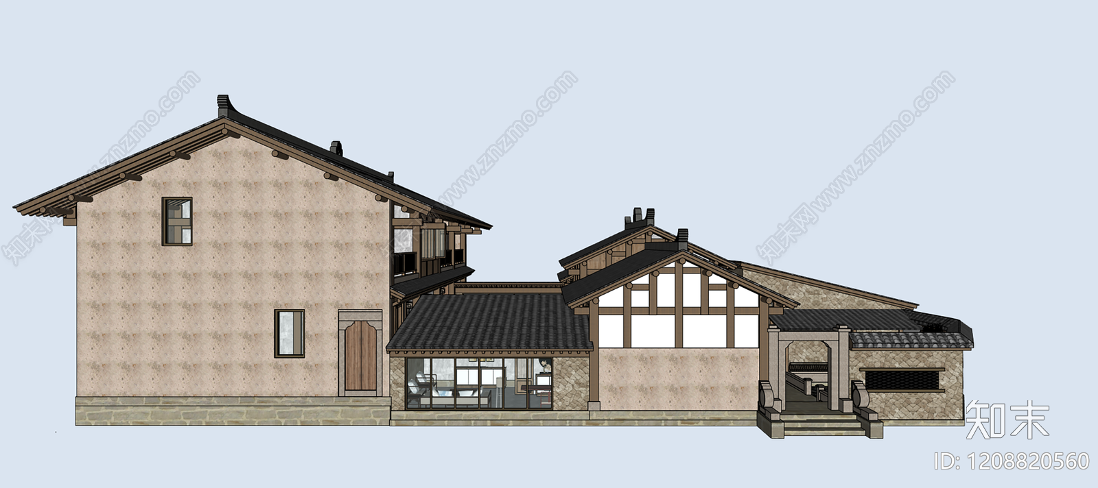 中式侘寂古建筑SU模型下载【ID:1208820560】