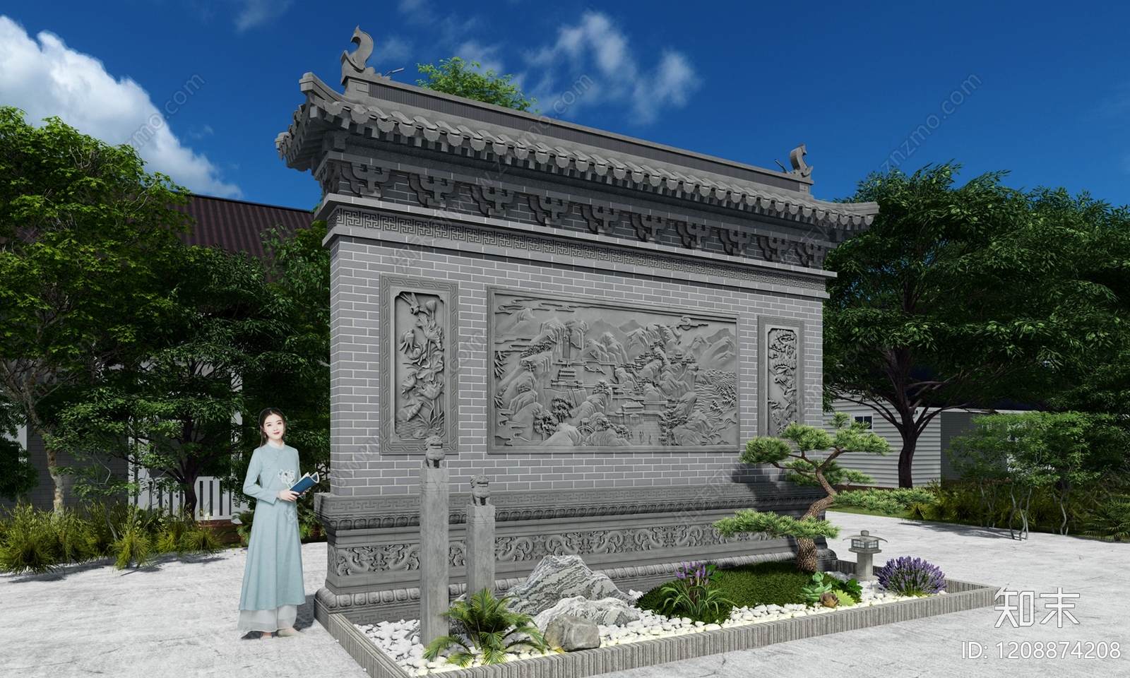 新中式中式景墙SU模型下载【ID:1208874208】