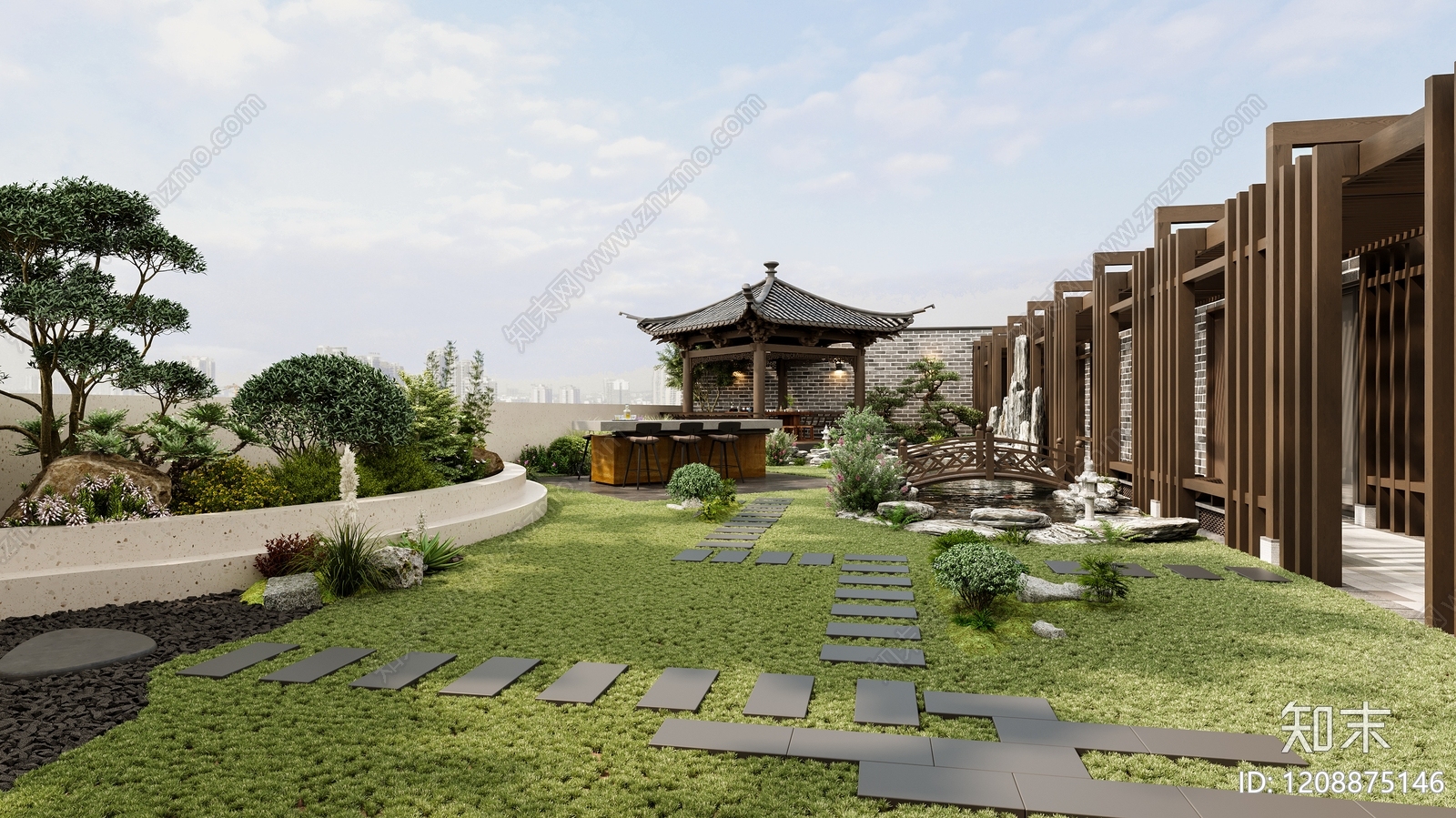 新中式景观屋顶花园3D模型下载【ID:1208875146】