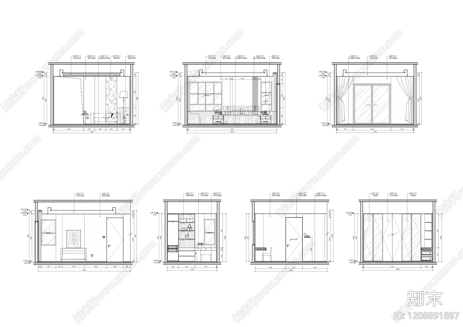 现代卧室施工图下载【ID:1208891897】