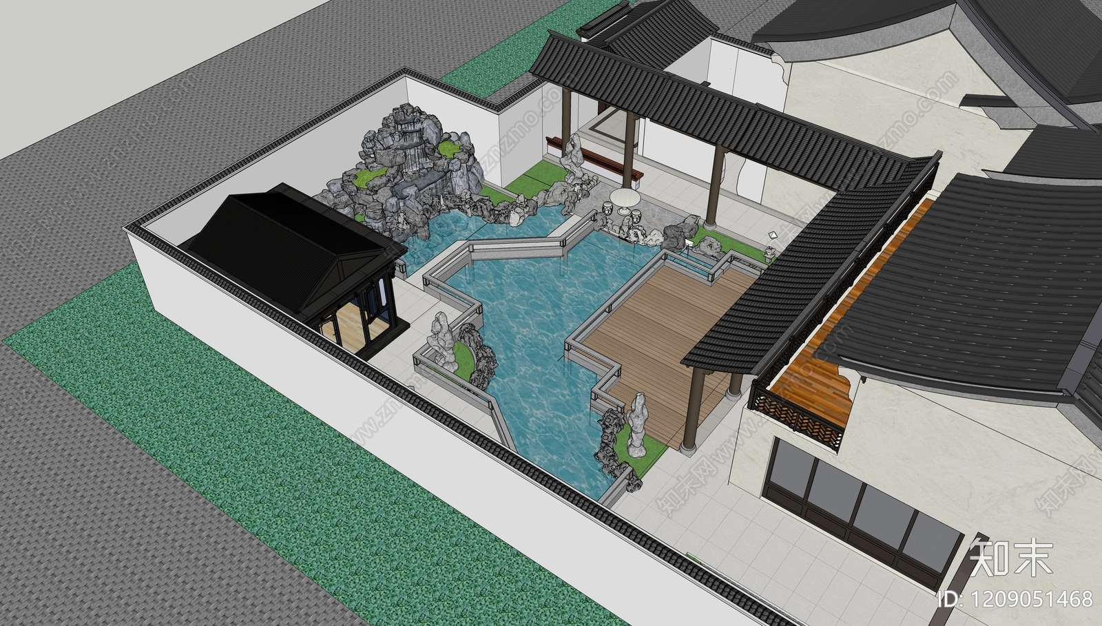 中式禅意住宅区景观SU模型下载【ID:1209051468】