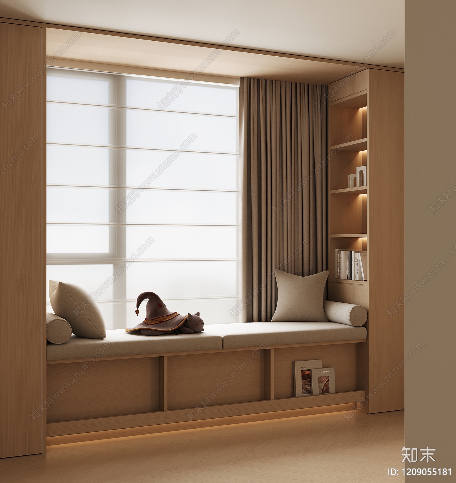 原木奶油风飘窗柜3D模型下载【ID:1209055181】