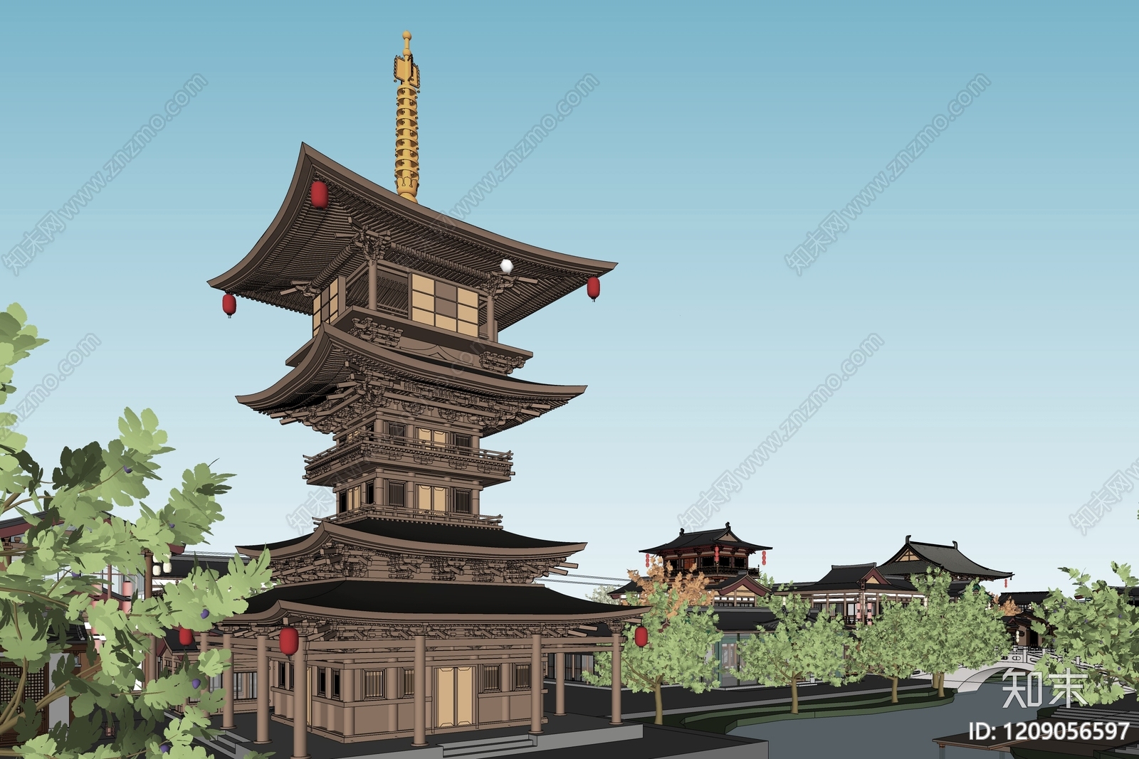 中式复古古建筑SU模型下载【ID:1209056597】
