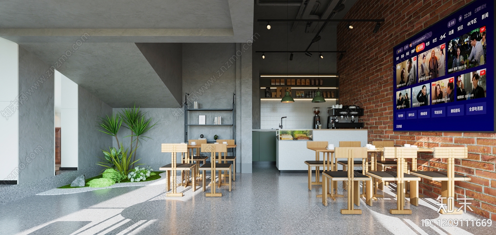 工业风混搭原木风咖啡厅3D模型下载【ID:1209111669】