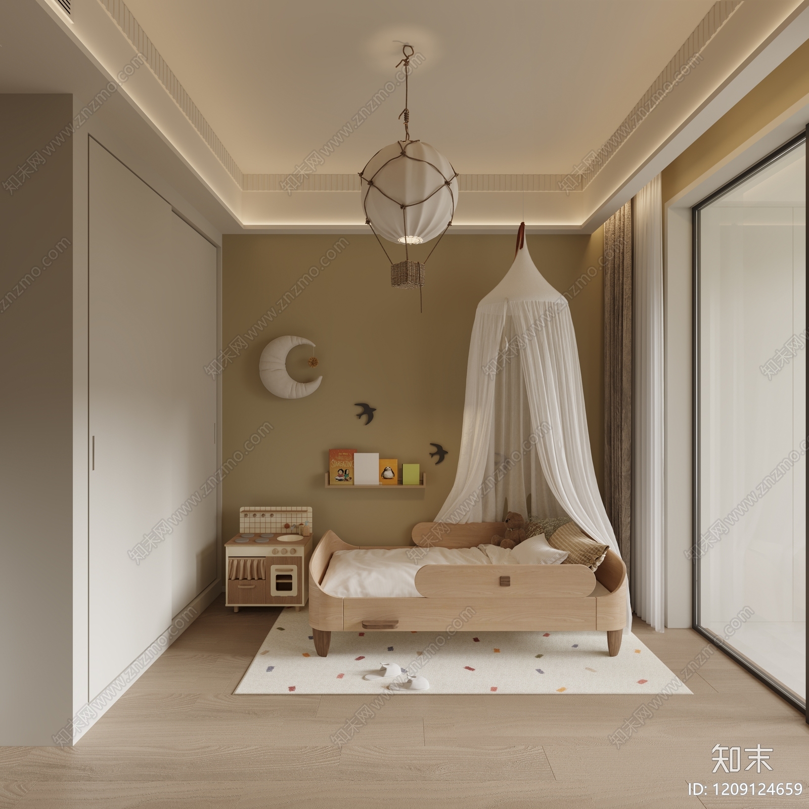 原木奶油风通用儿童房3D模型下载【ID:1209124659】