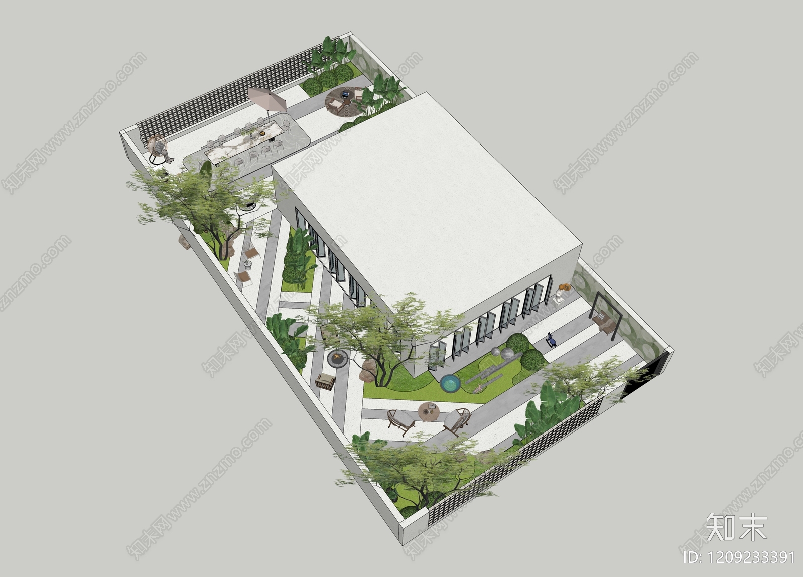 现代简约别墅庭院SU模型下载【ID:1209233391】