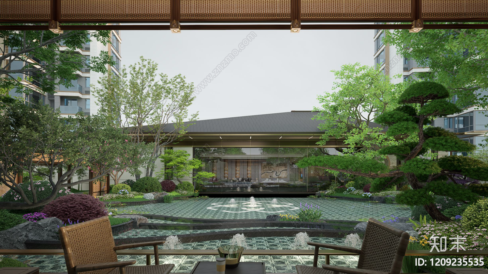 新中式住宅区景观SU模型下载【ID:1209235535】