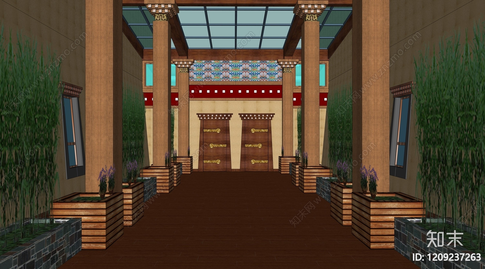 中式禅意酒店走廊SU模型下载【ID:1209237263】