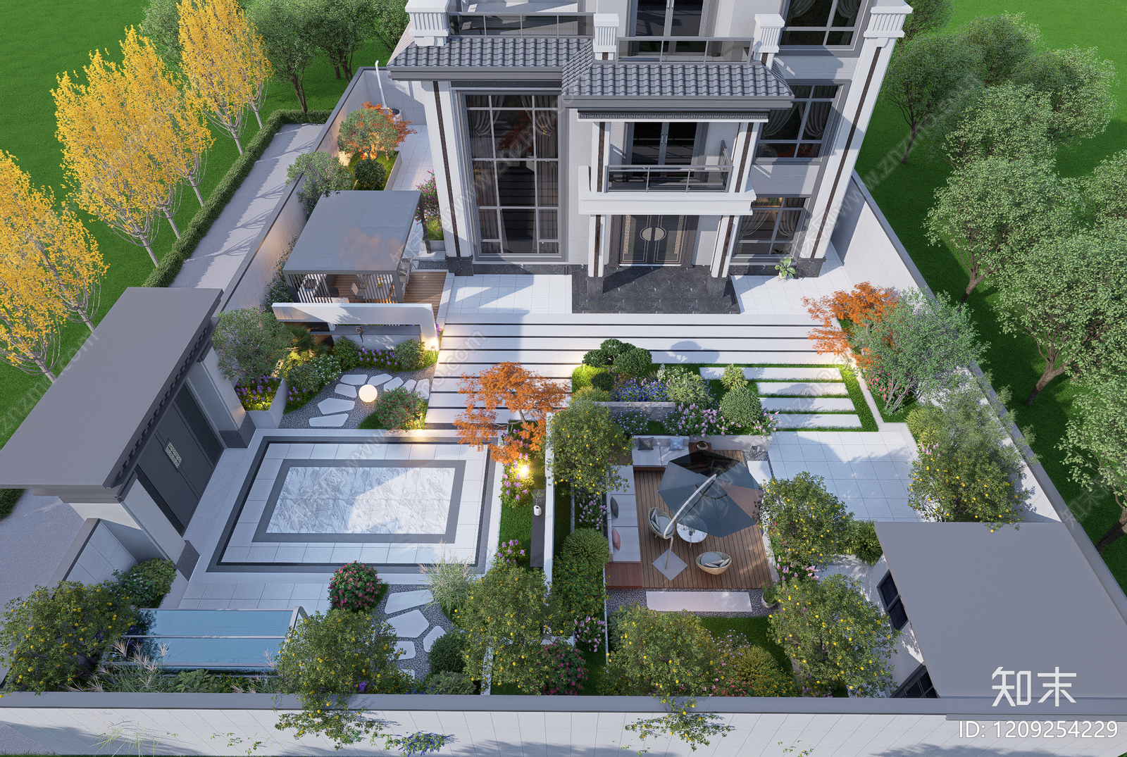 现代中式别墅庭院SU模型下载【ID:1209254229】