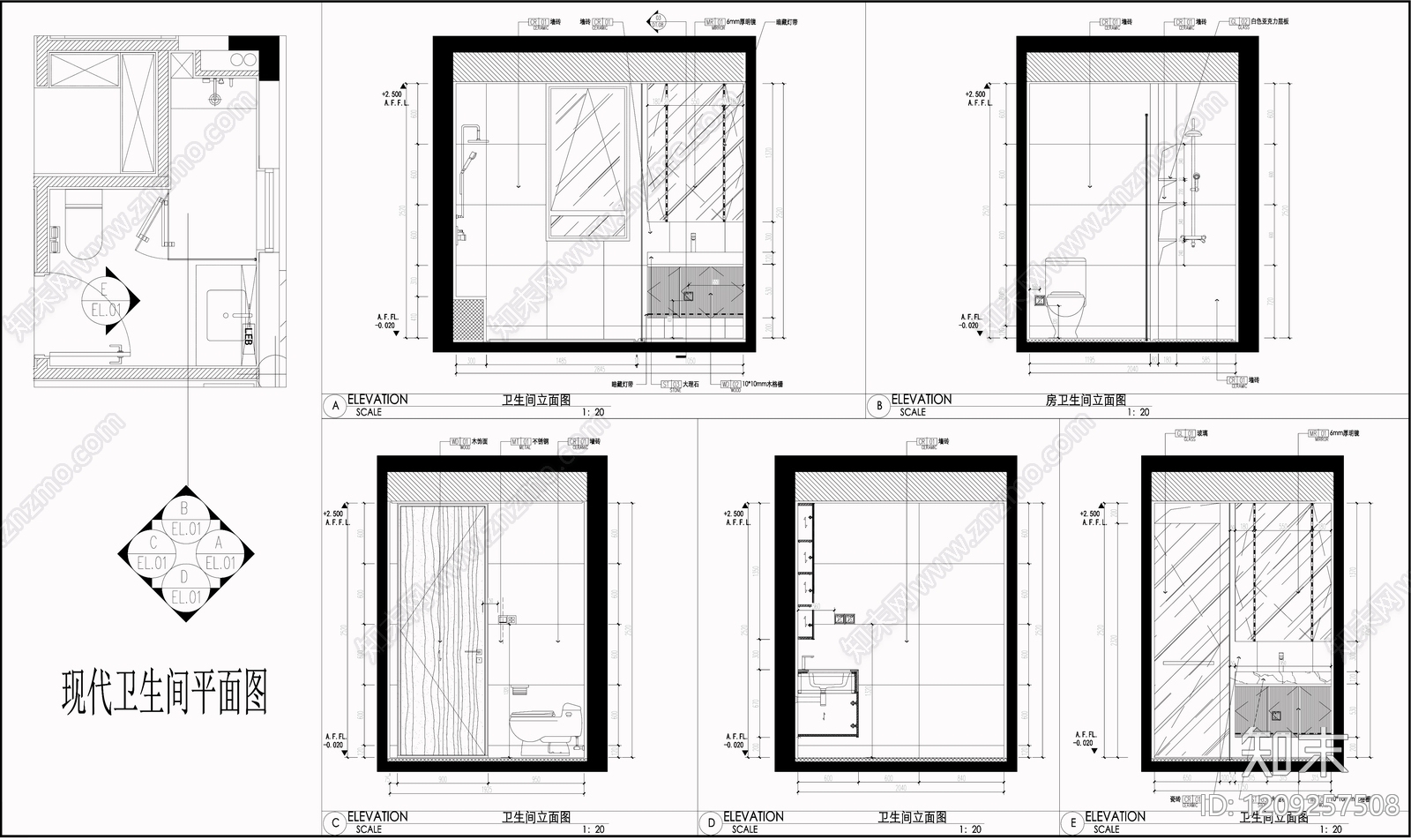 现代卫生间施工图下载【ID:1209257508】