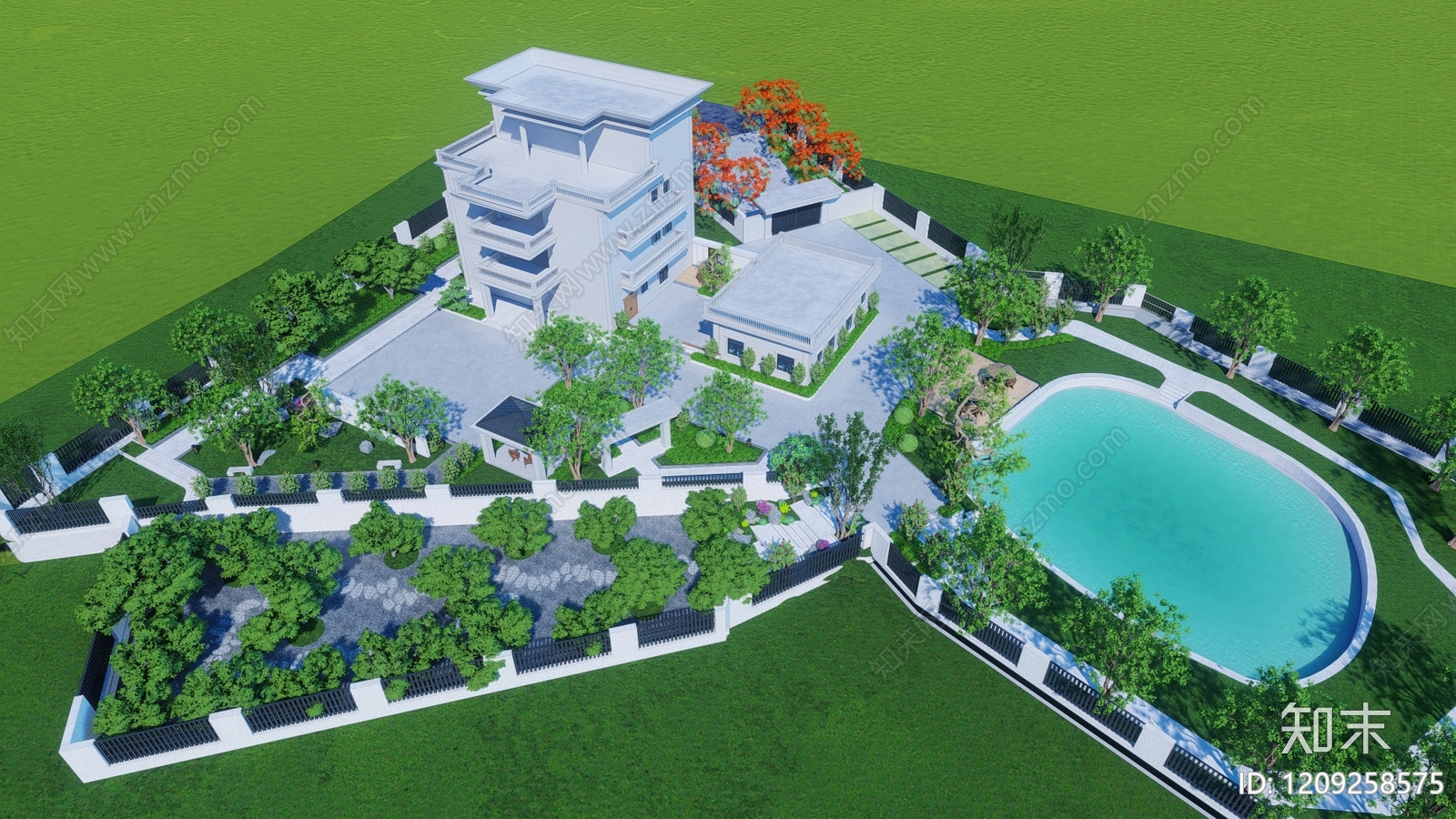 新中式住宅区景观SU模型下载【ID:1209258575】