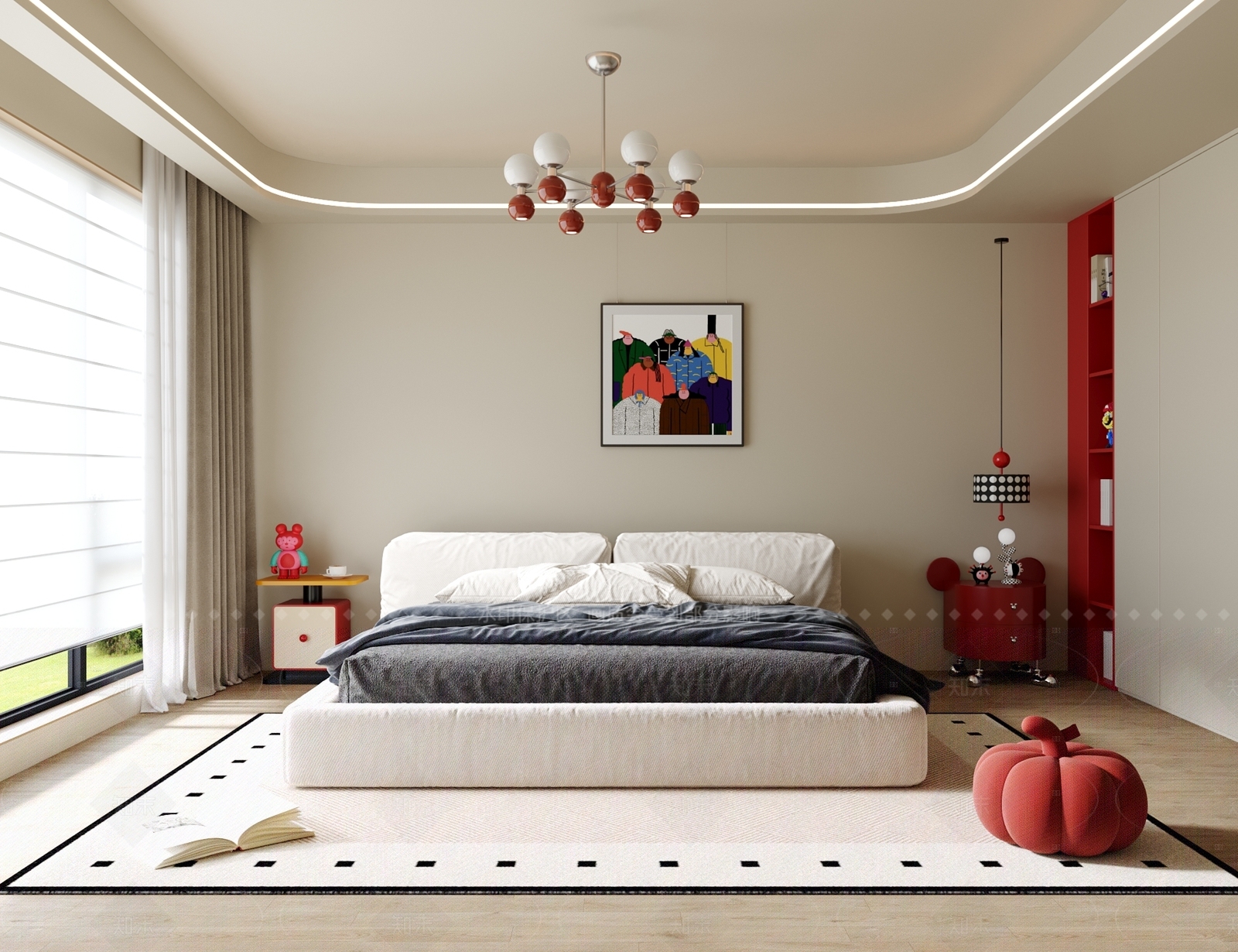 现代奶油风（结合童趣元素与撞色设计，以柔和奶油色调为基底，搭配鲜明红色点缀、圆润童趣造型及简约现代家具，营造出温馨活泼且兼具时尚感的空间氛围，是现代简约风格与童趣美学的创新融合）男孩房3D模型下载【ID:1209261215】