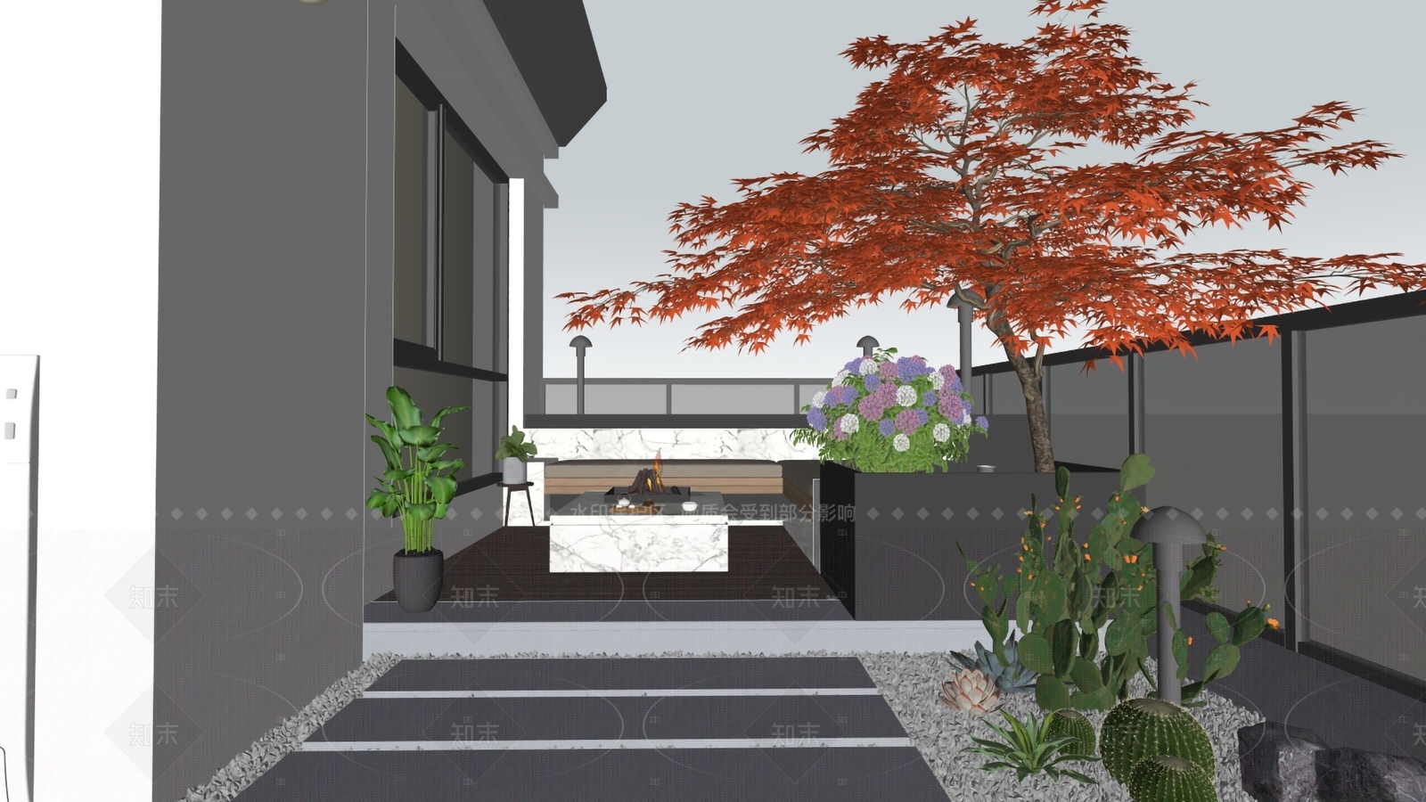 现代新中式屋顶花园SU模型下载【ID:1209265412】