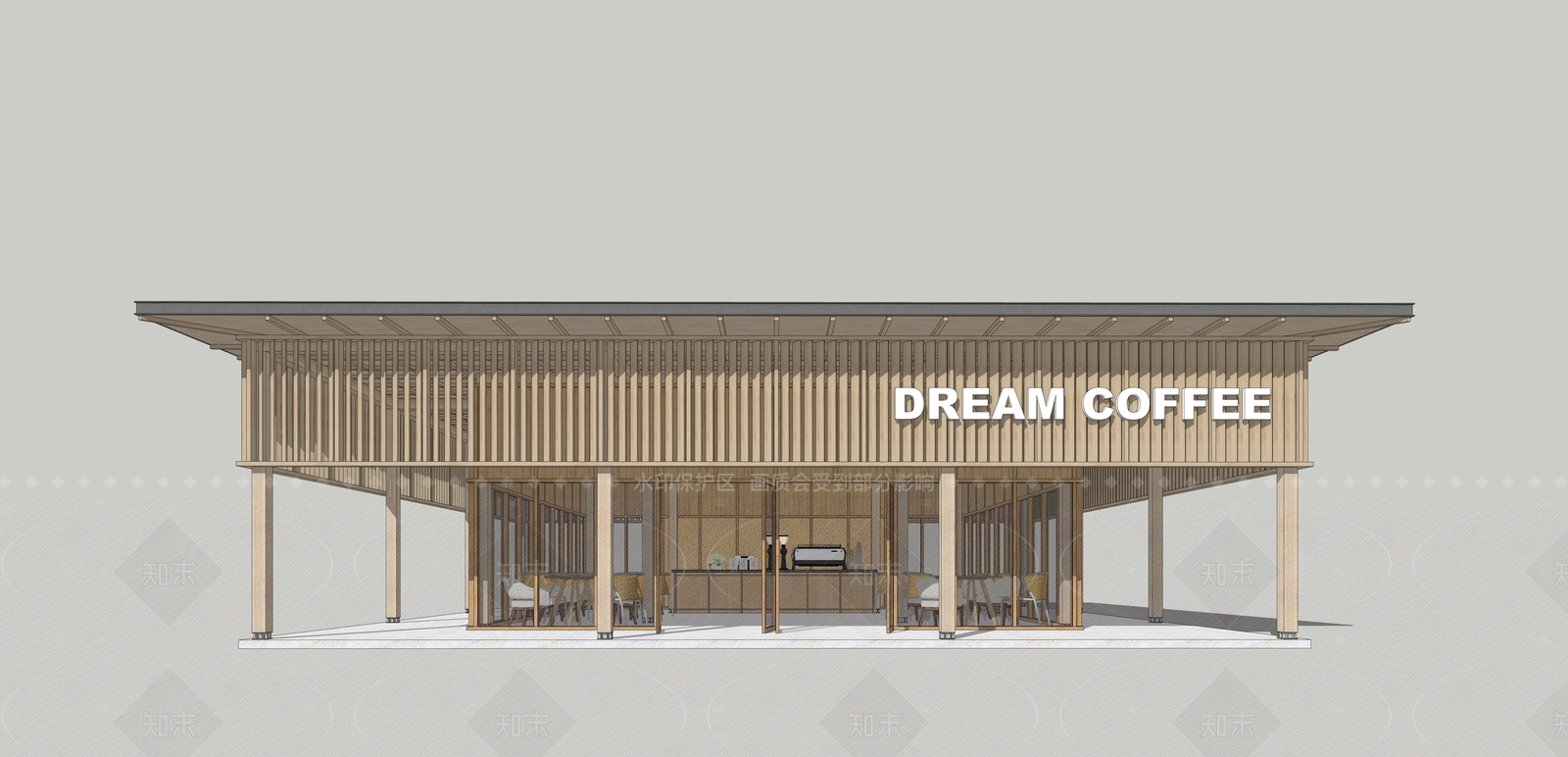 新中式原木餐饮建筑SU模型下载【ID:1209269120】