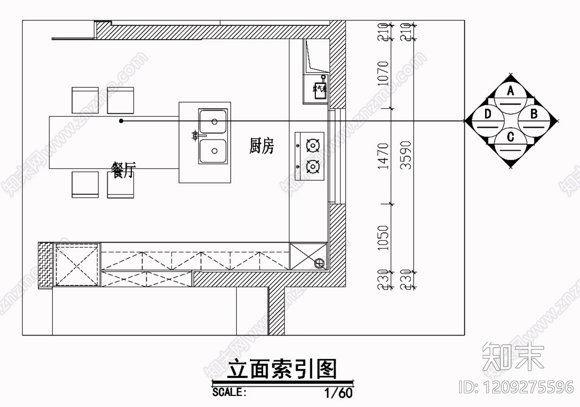 现代极简厨房cad施工图下载【ID:1209275596】