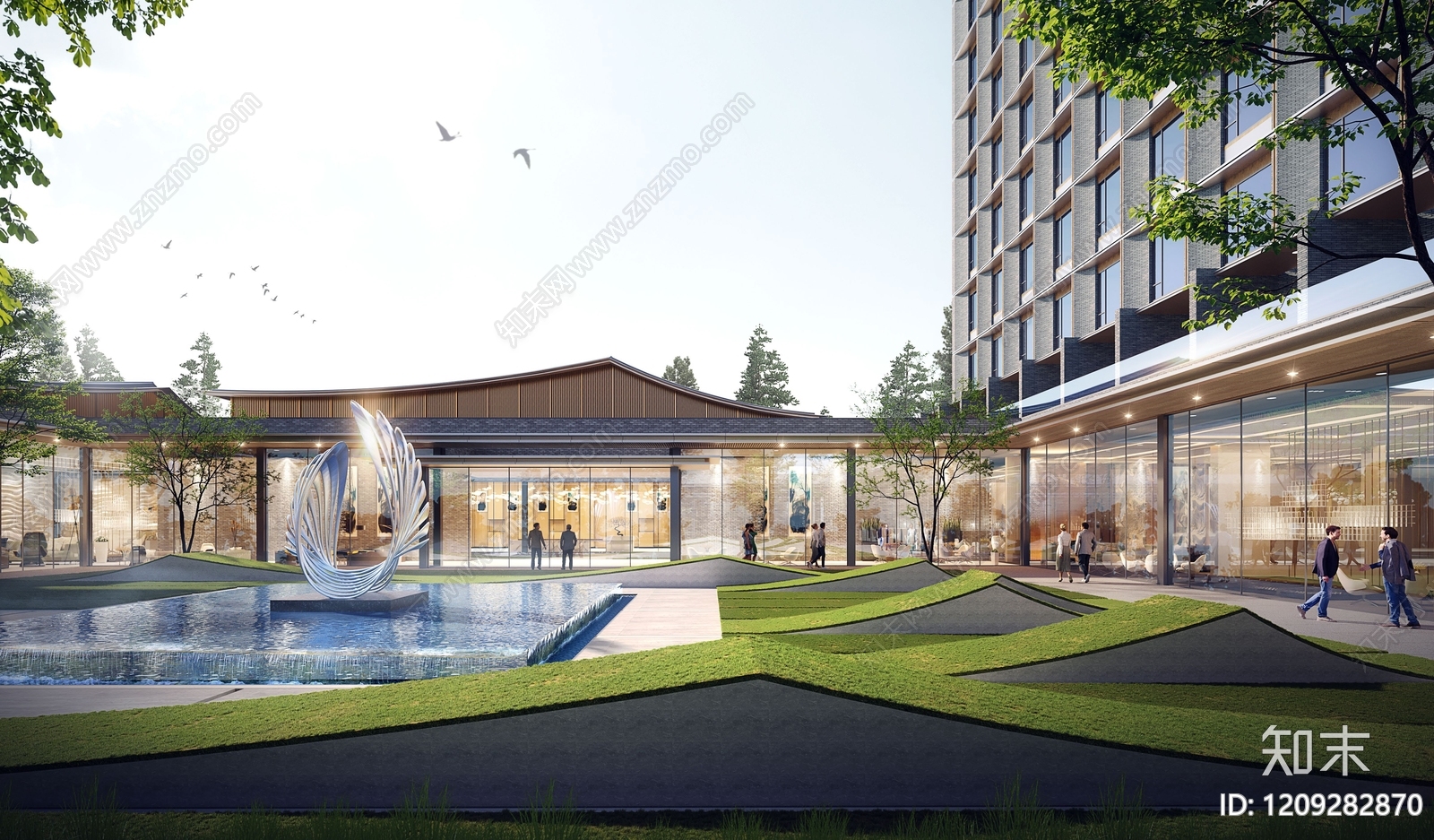 新中式现代酒店建筑SU模型下载【ID:1209282870】