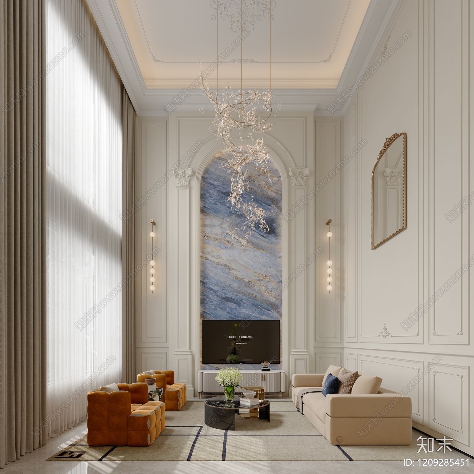 法式奶油风挑空客厅3D模型下载【ID:1209285451】