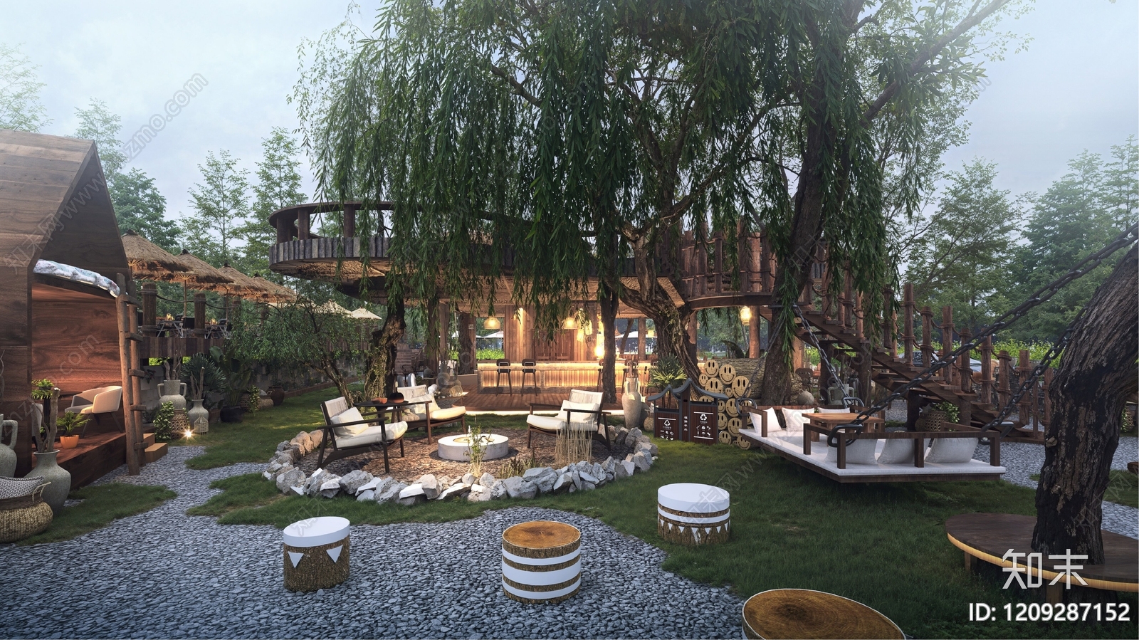 自然原木风文旅项目景观3D模型下载【ID:1209287152】