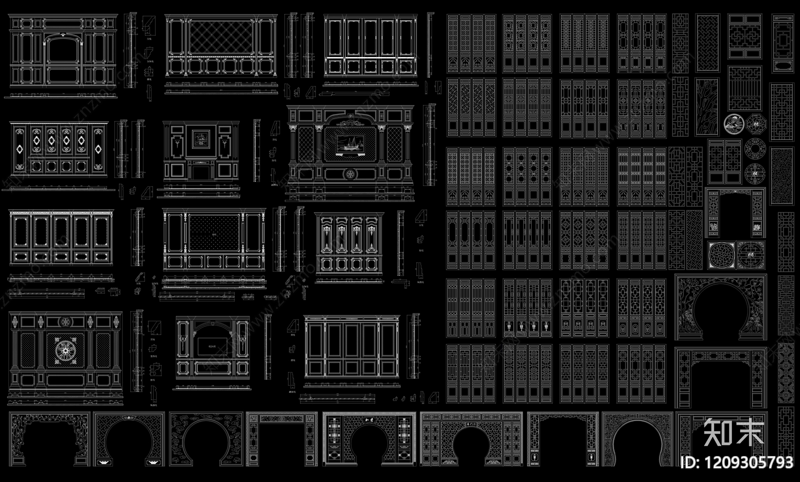 新中式中式屏风隔断施工图下载【ID:1209305793】