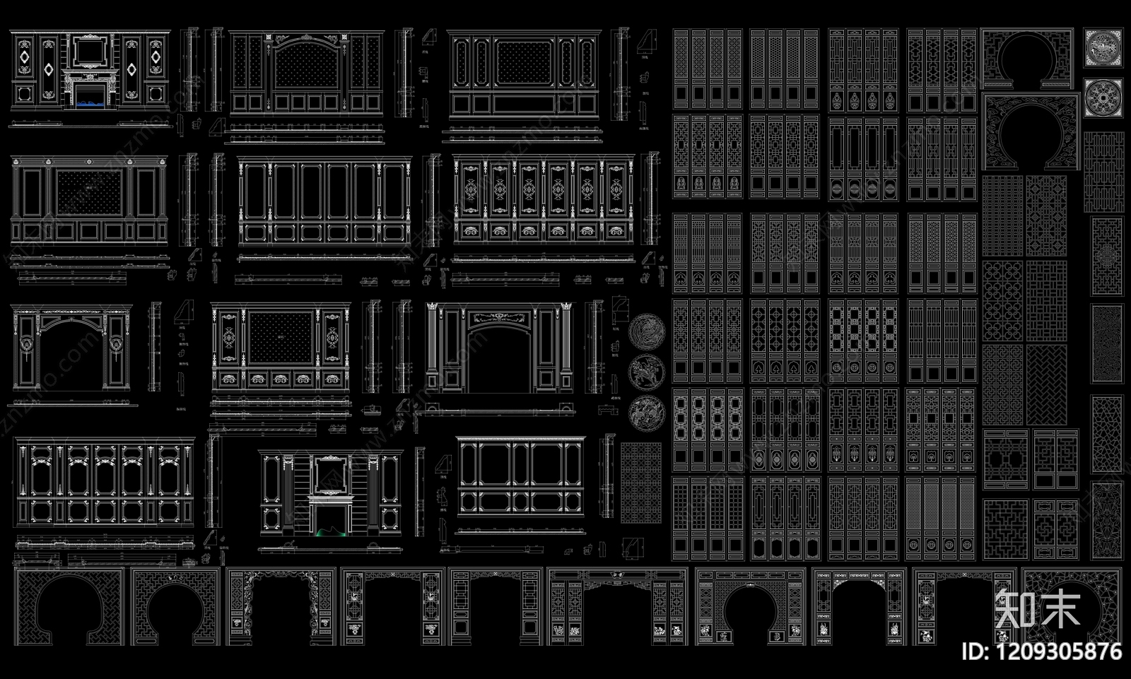 新中式中式屏风隔断施工图下载【ID:1209305876】