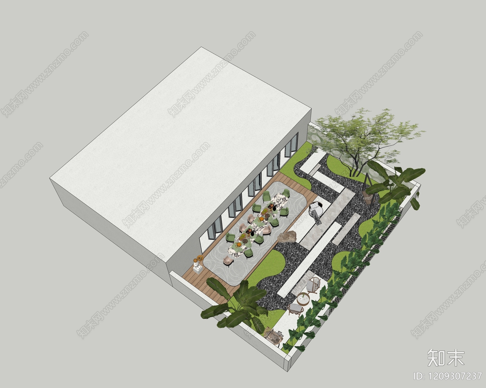 现代奶油别墅庭院SU模型下载【ID:1209307237】