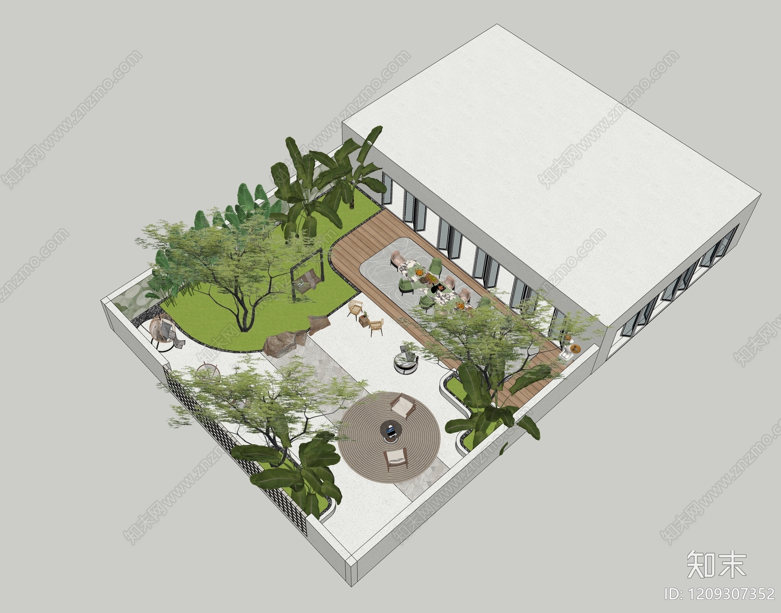 现代奶油别墅庭院SU模型下载【ID:1209307352】