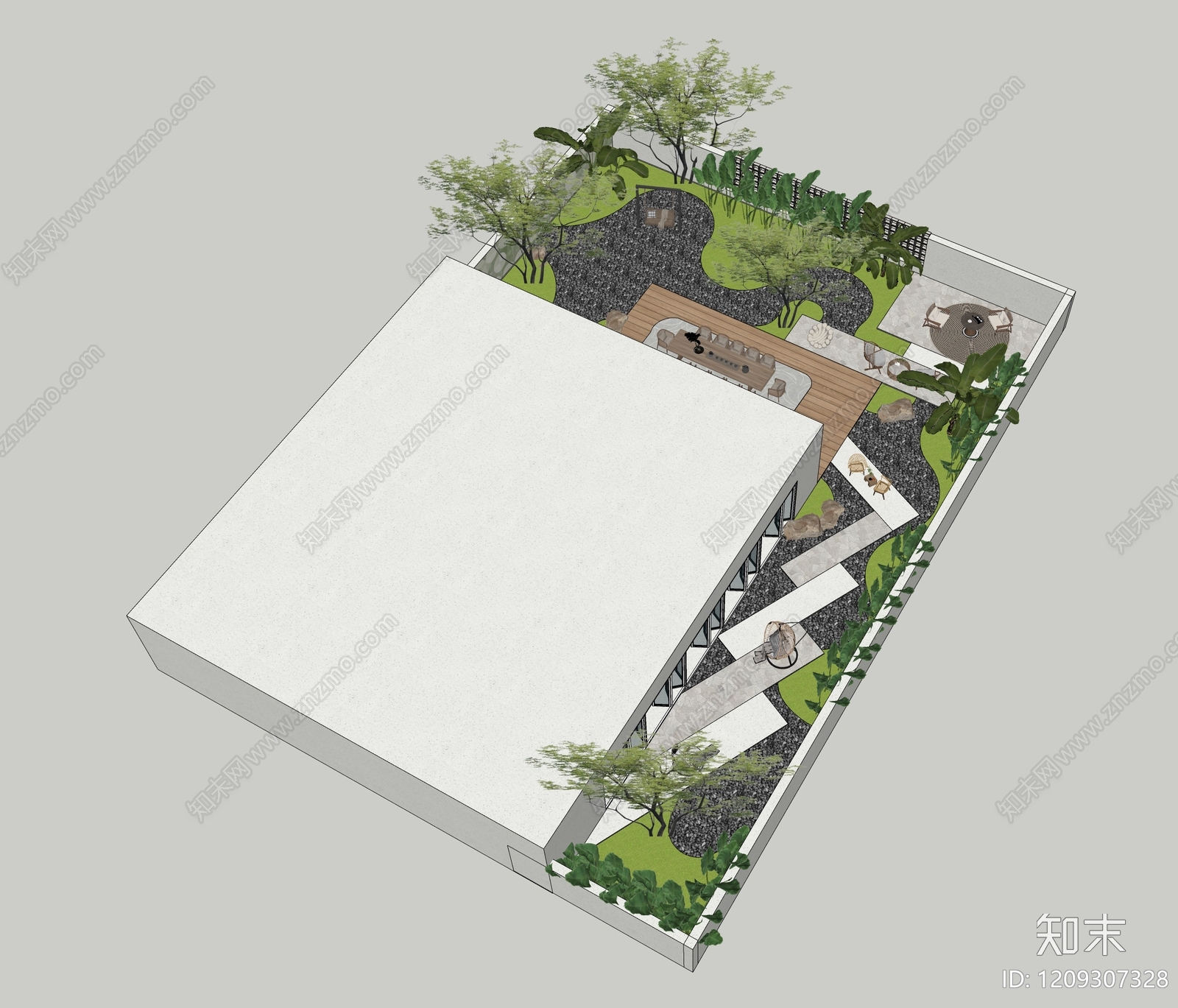现代奶油别墅庭院SU模型下载【ID:1209307328】