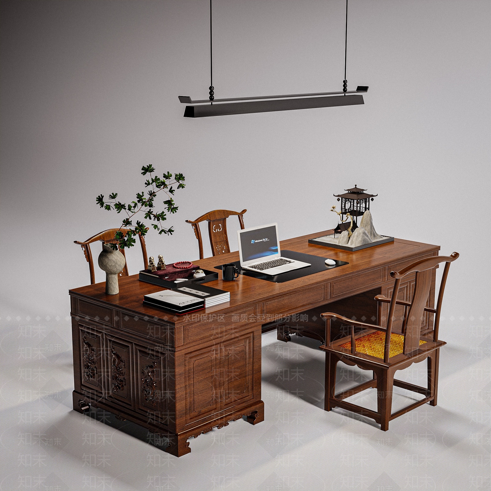新中式中式办公桌椅3D模型下载【ID:1209308335】