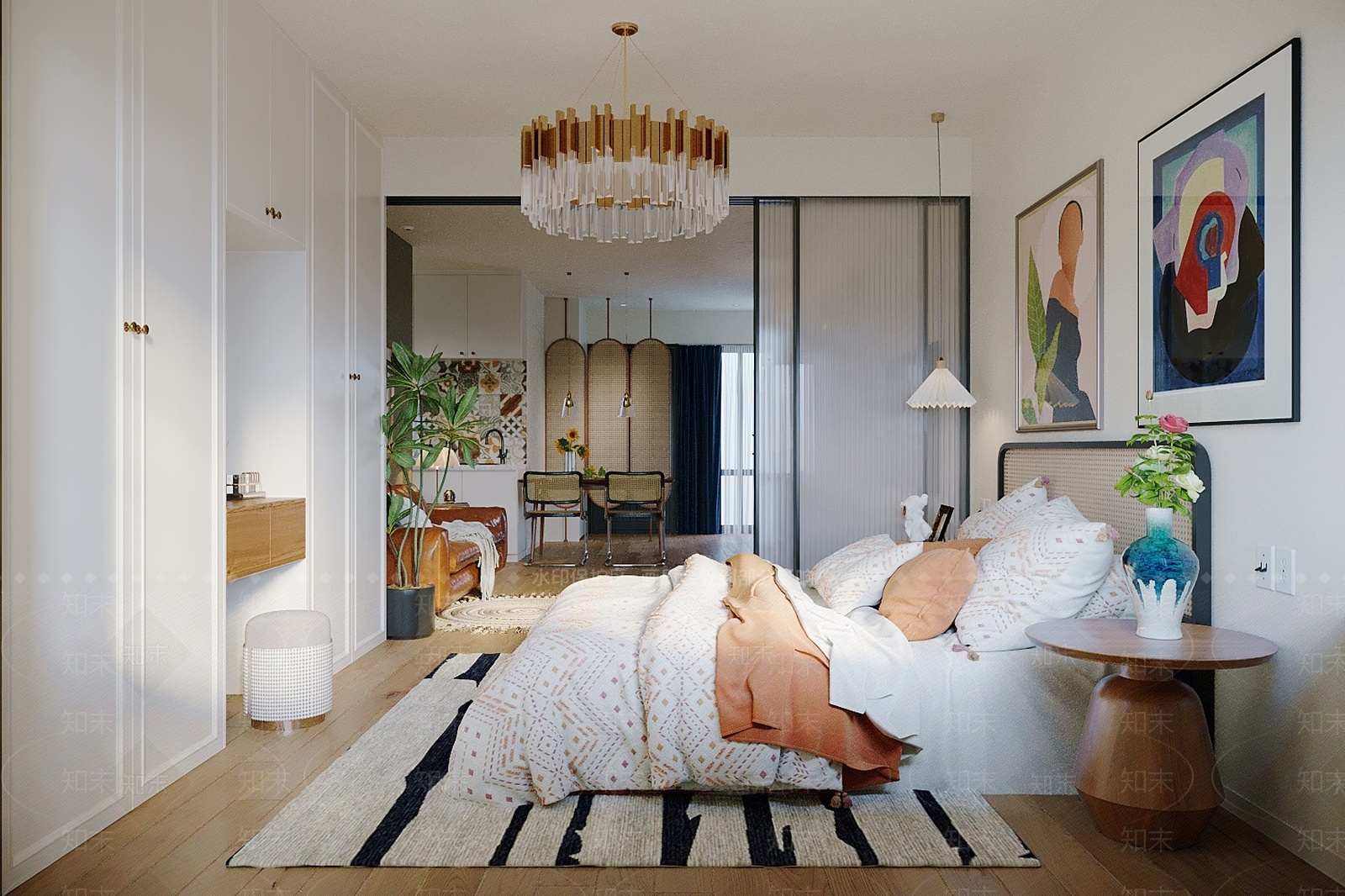 奶油北欧家居卧室3D模型下载【ID:1209310756】